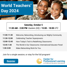 Image shows a Black teacher and student smiling at the camera as a banner on an announcement with event details including title, date, time, session titles, and the Center for Professional Learning at Childhood Education International logo.